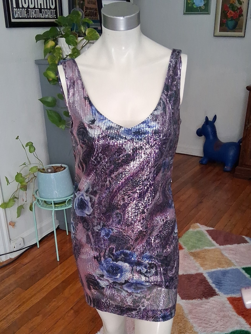 Speechless Purple Floral Sequin Scoop Neck Mini Dress